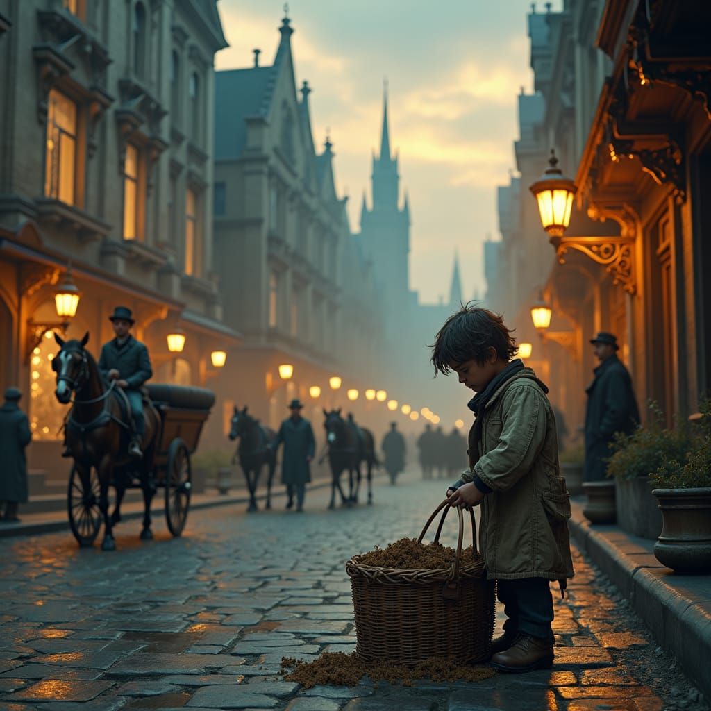 Poor Boy in Gaslit 19th Century Town Street