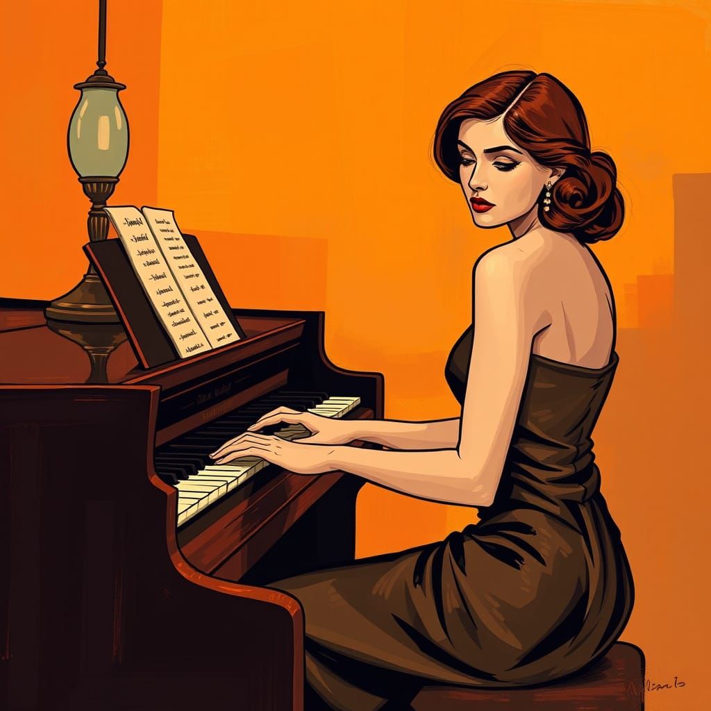 Elegant Woman Playing Piano in Regionalist Style