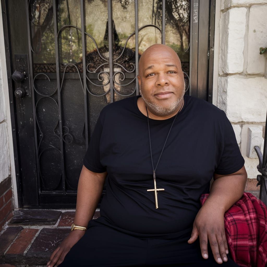 African American Gentleman Relaxes on His Front Door