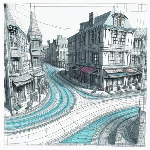 Semi-Abstract Town Street Contour Drawing in Line Art