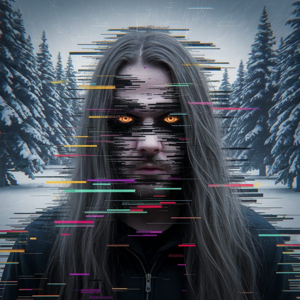 Glitch portrait of a black metal musician