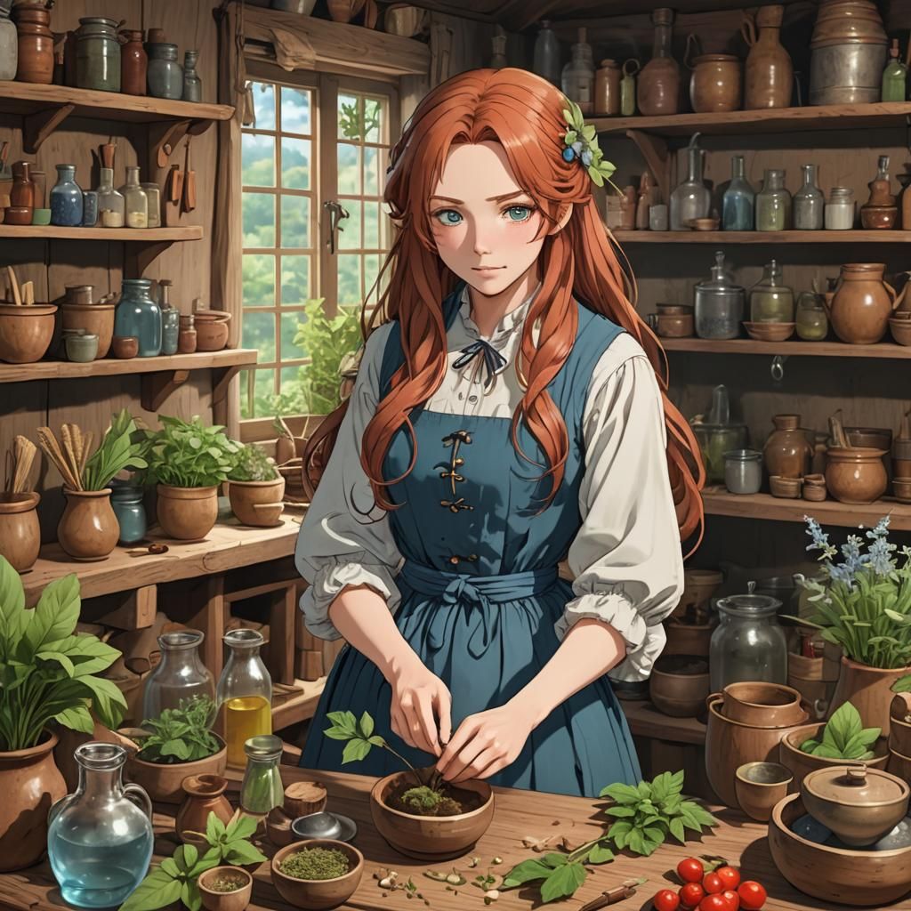 Anime Herbalist in 18th Century Kitchen