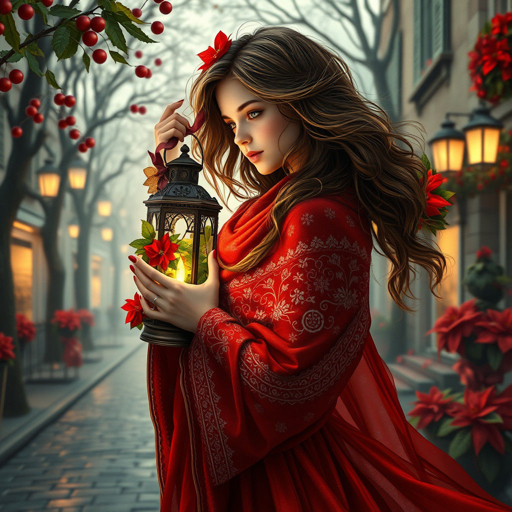 Art Nouveau Girl with Lantern in Christmas Scene