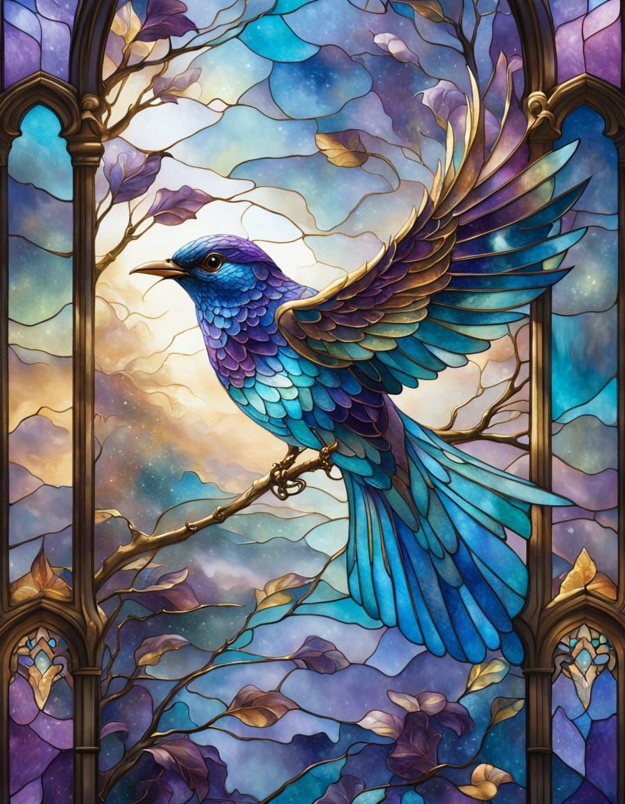 Brilliant Stained Glass Bird Window in Ethereal Mist