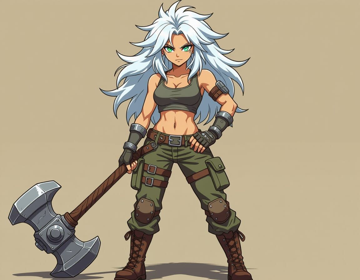 Confident Manga Woman with Warhammer in Studio Trigger Style