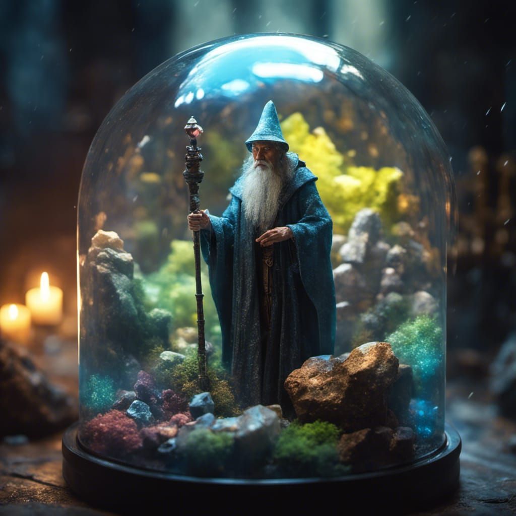 Medieval Wizard in Terrarium: Detailed Tilt-Shift Illustrati...
