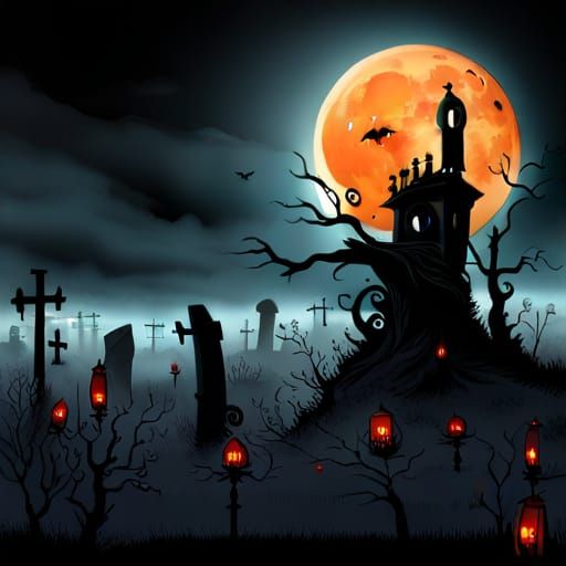 Ghostly Figure in Haunted Cemetery: Matte Painting