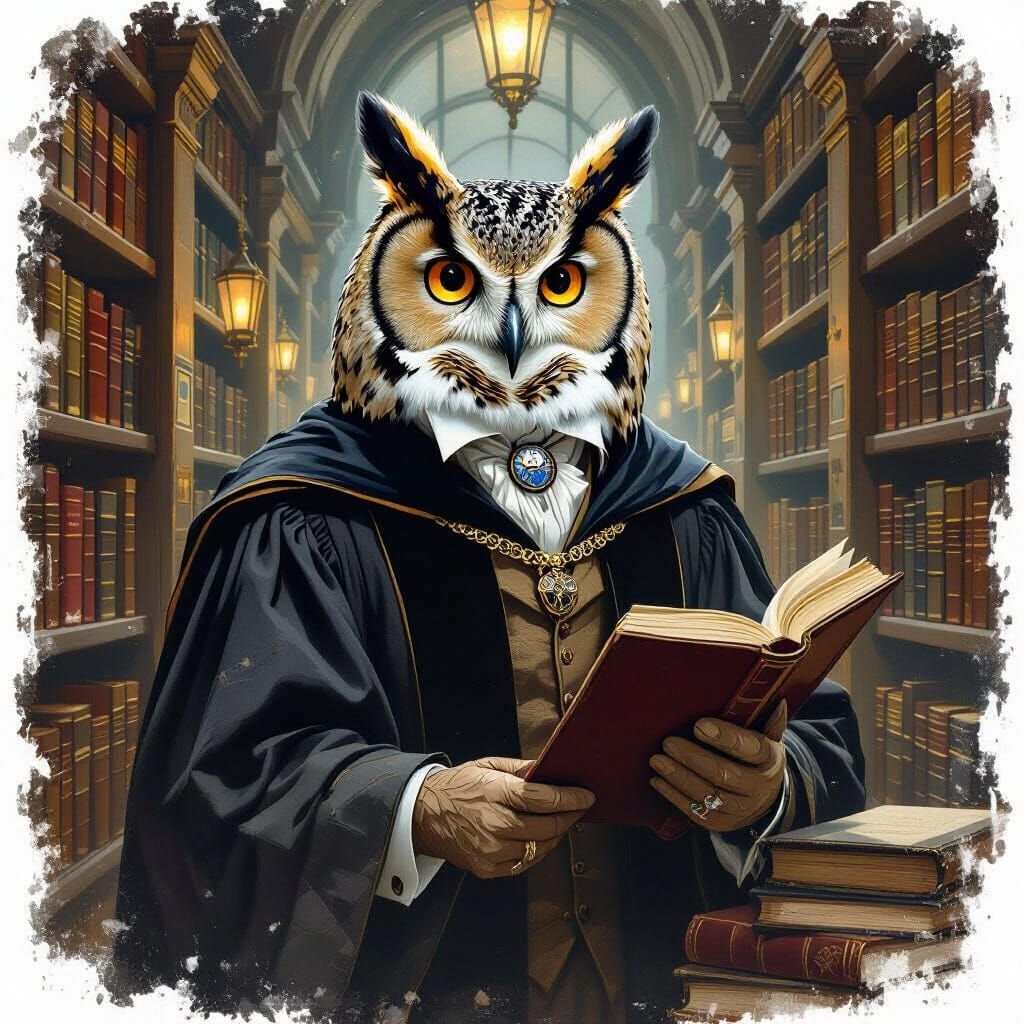 Wise Owl Scholar in Library, Classical Realism Style