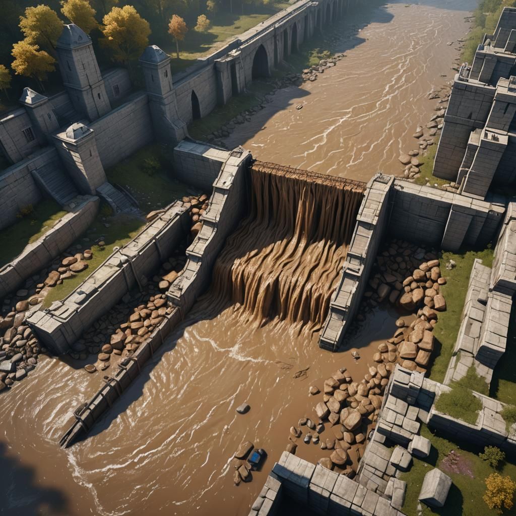 Flooded Sandbag Dam: Detailed Matte Painting