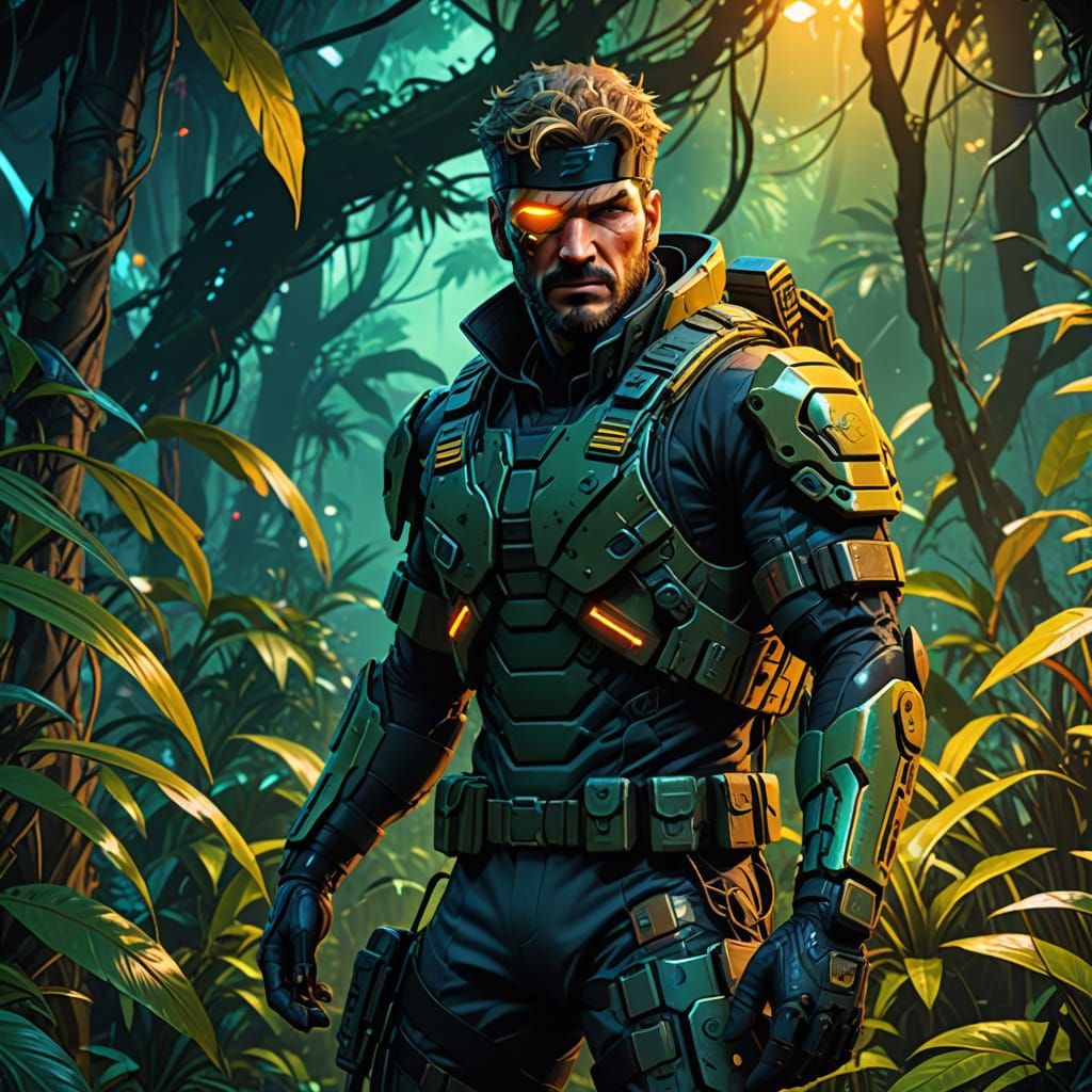 Solid Snake Stealth Action in Cyberpunk Jungle
