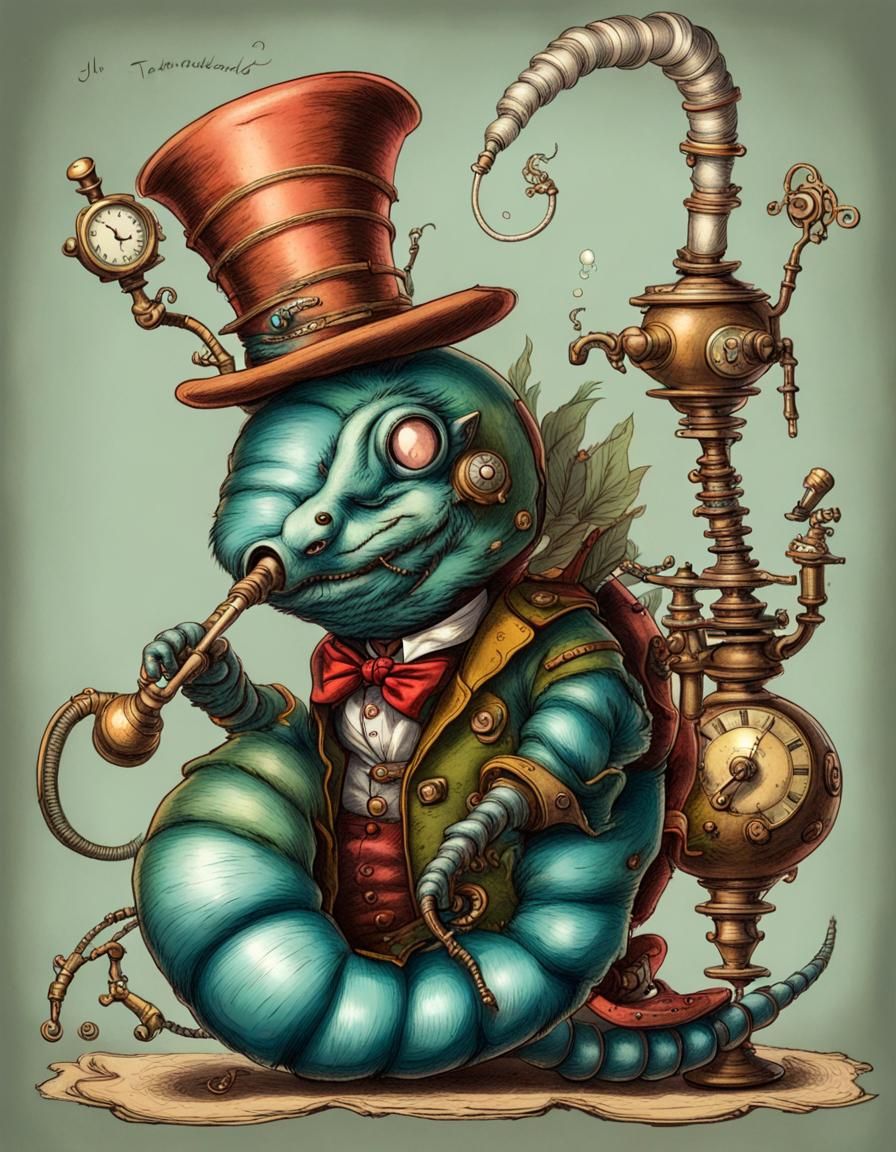Steampunk Caterpillar with Hookah in Tenniel Style