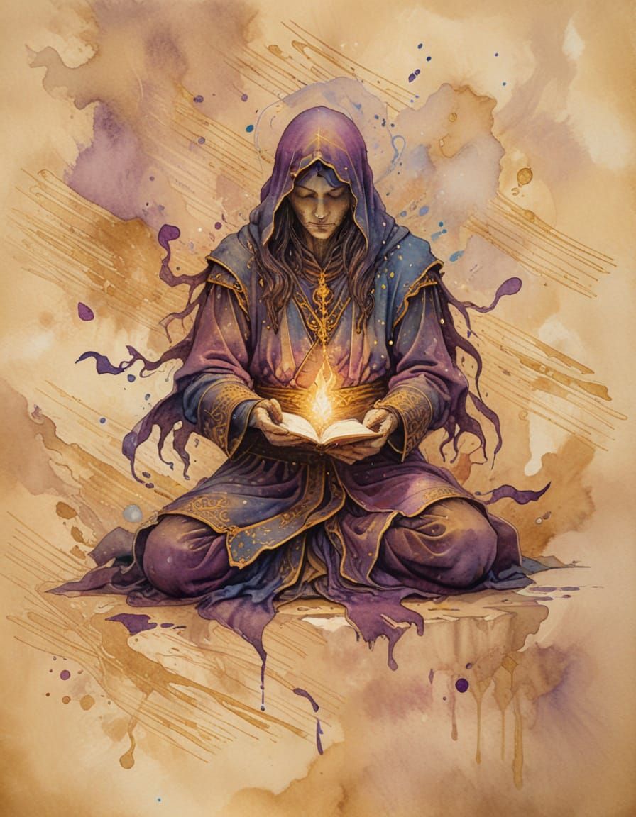 Mystical Warlock Meditating on Parchment: Watercolour Painti...