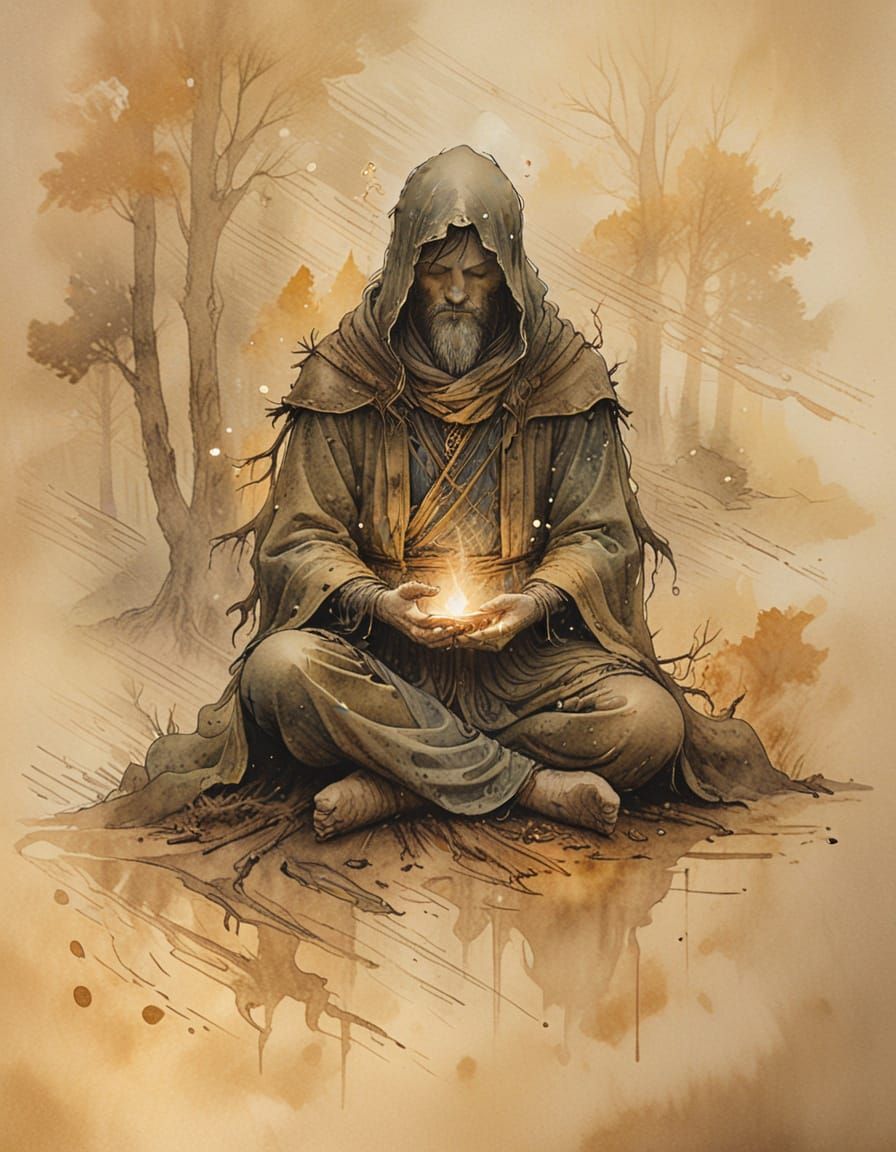 Warlock Meditating in Misty Forest Watercolour