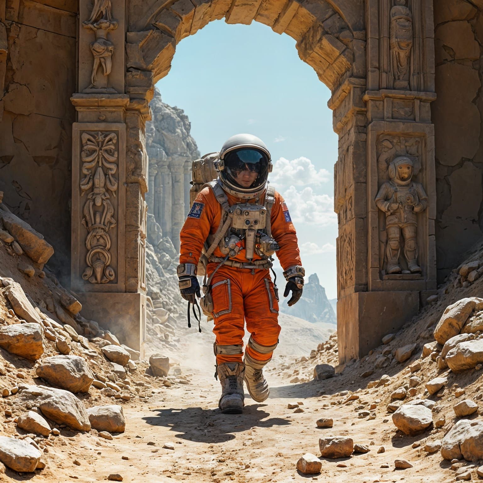 Astronaut Explores Ancient Ruins on Distant Planet