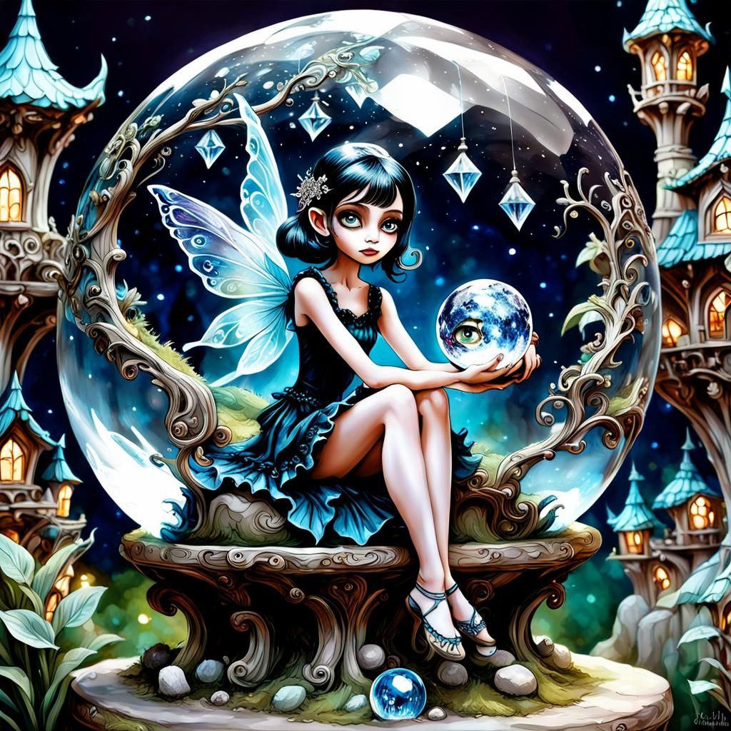 Dark Fairy on Crystal Globe, Hand-Drawn Art
