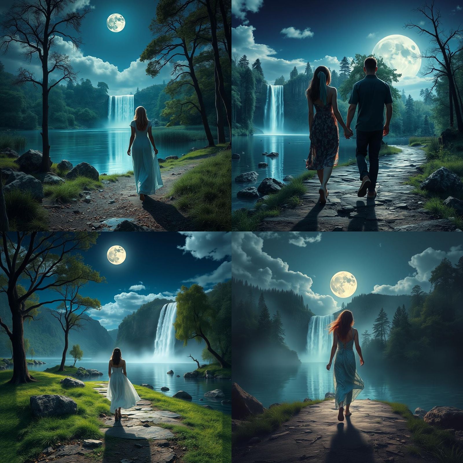 Surreal Moonlit Path to River With Waterfall