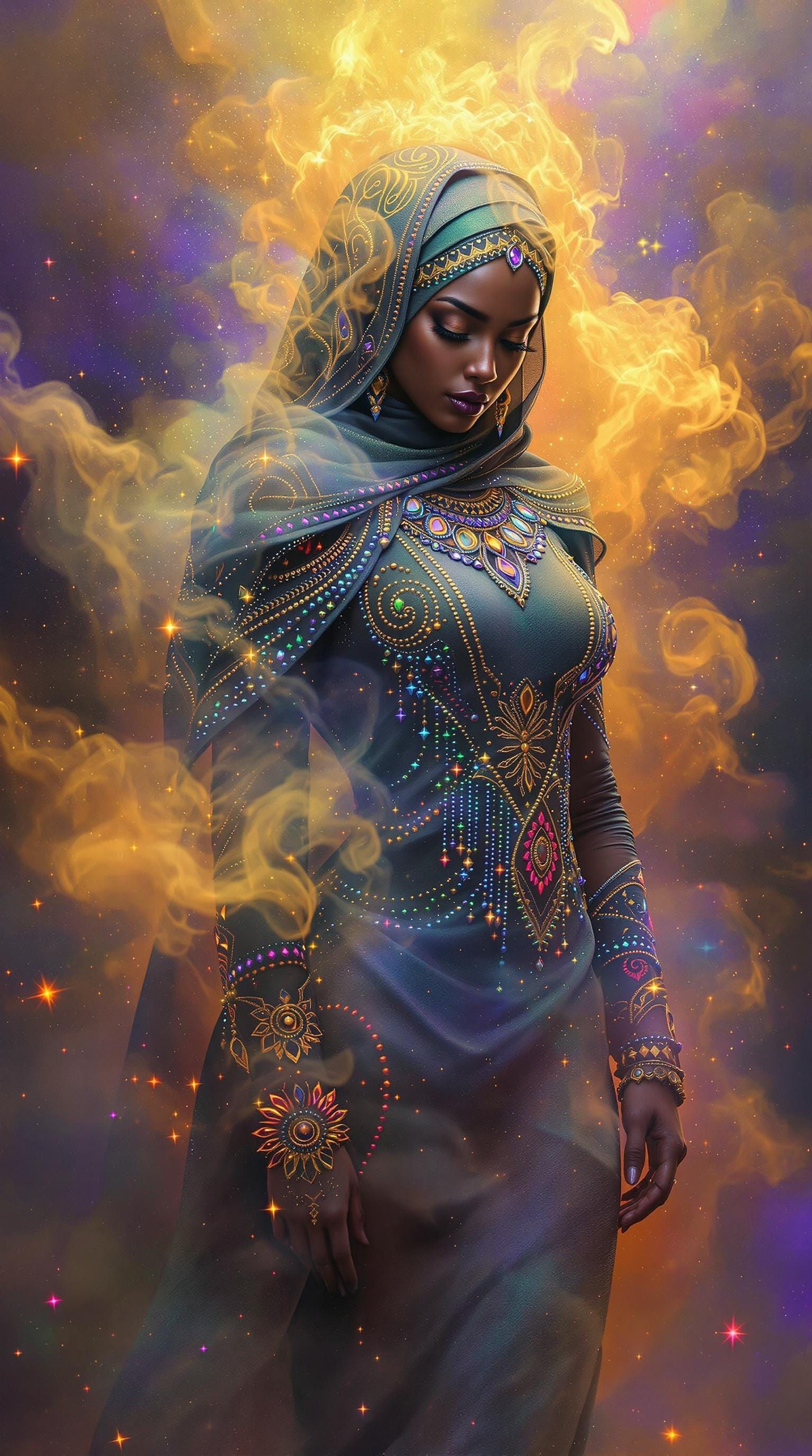 Mysterious Somali Warrior in Ethereal Mist, Vibrant Fine Art...