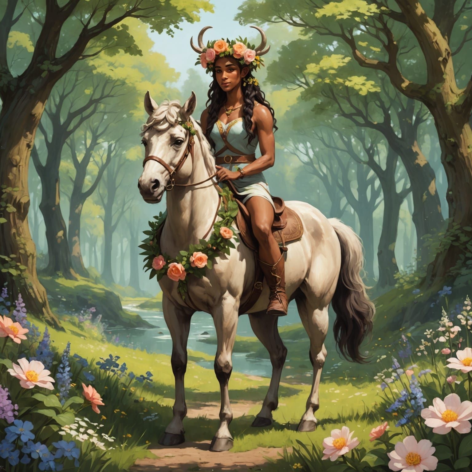 Mythical Centaur with Floral Crown in Ancient Forest
