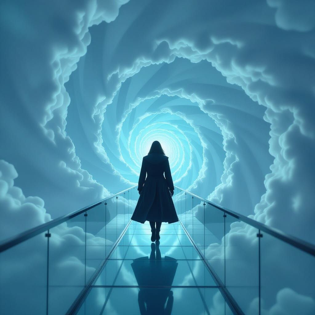 A surreal scene of a lone figure standing on a thin glass br...