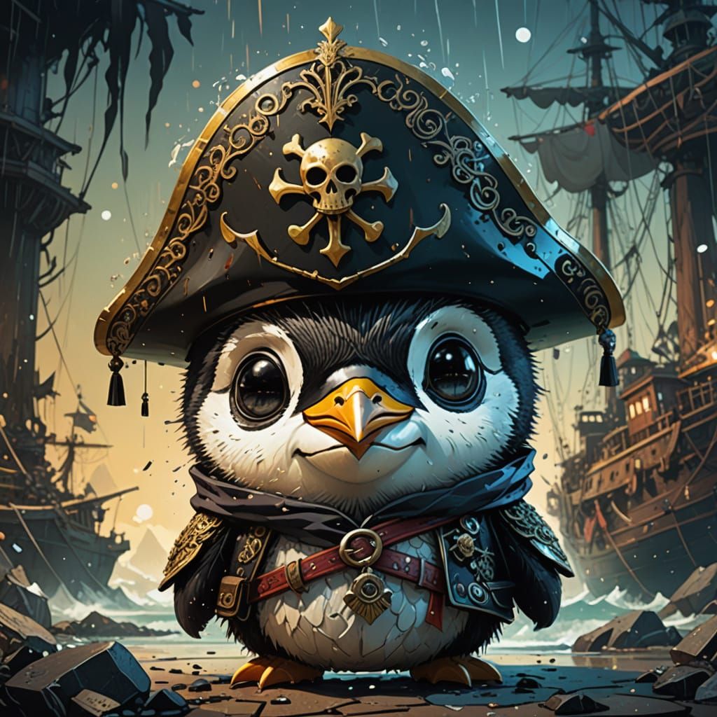 Chibi Penguin Pirate with Saber and Pistols