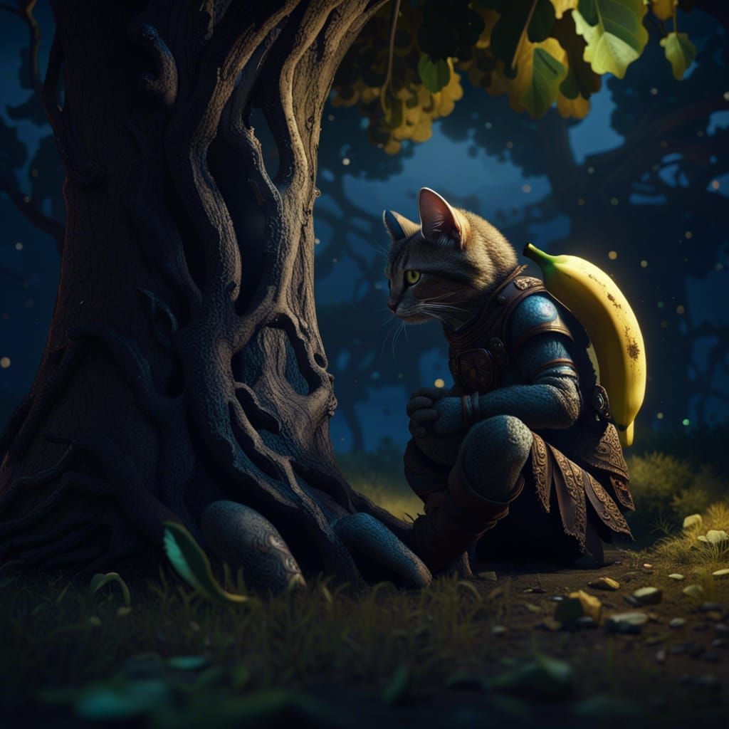 Humanoid Cat Enjoys Banana Under Oak Tree