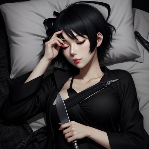 Anime Girl Sleeping with Knife in the Dark
