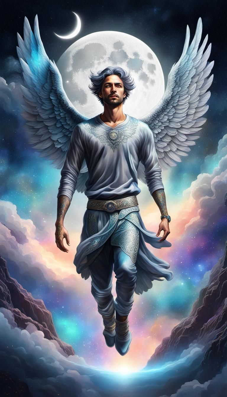 Angel Soaring to Moon: Holographic Cosmic Illustration