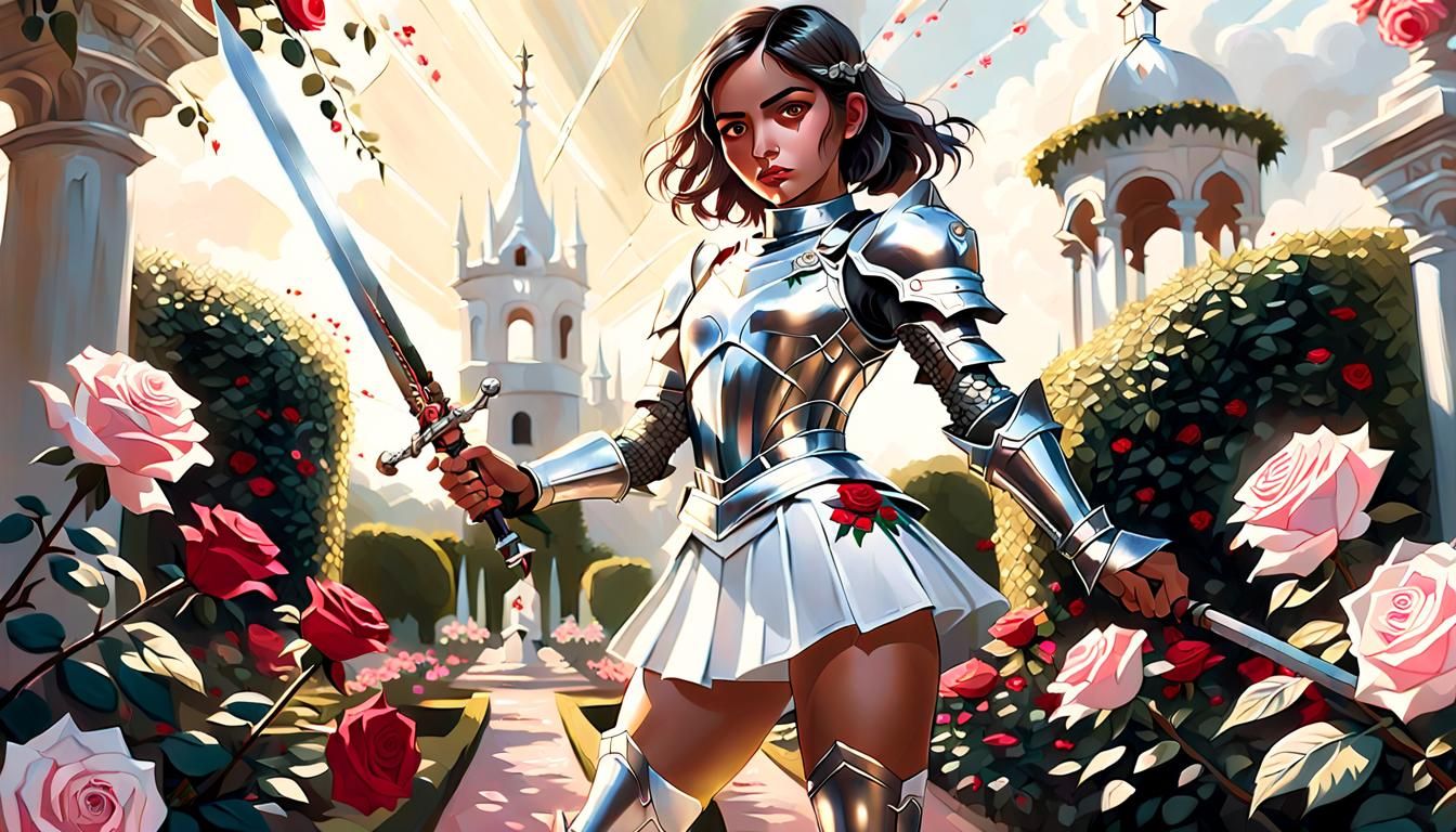 Elegant Hispanic Warrior in Silver Armor, Spanish Rose Garde...