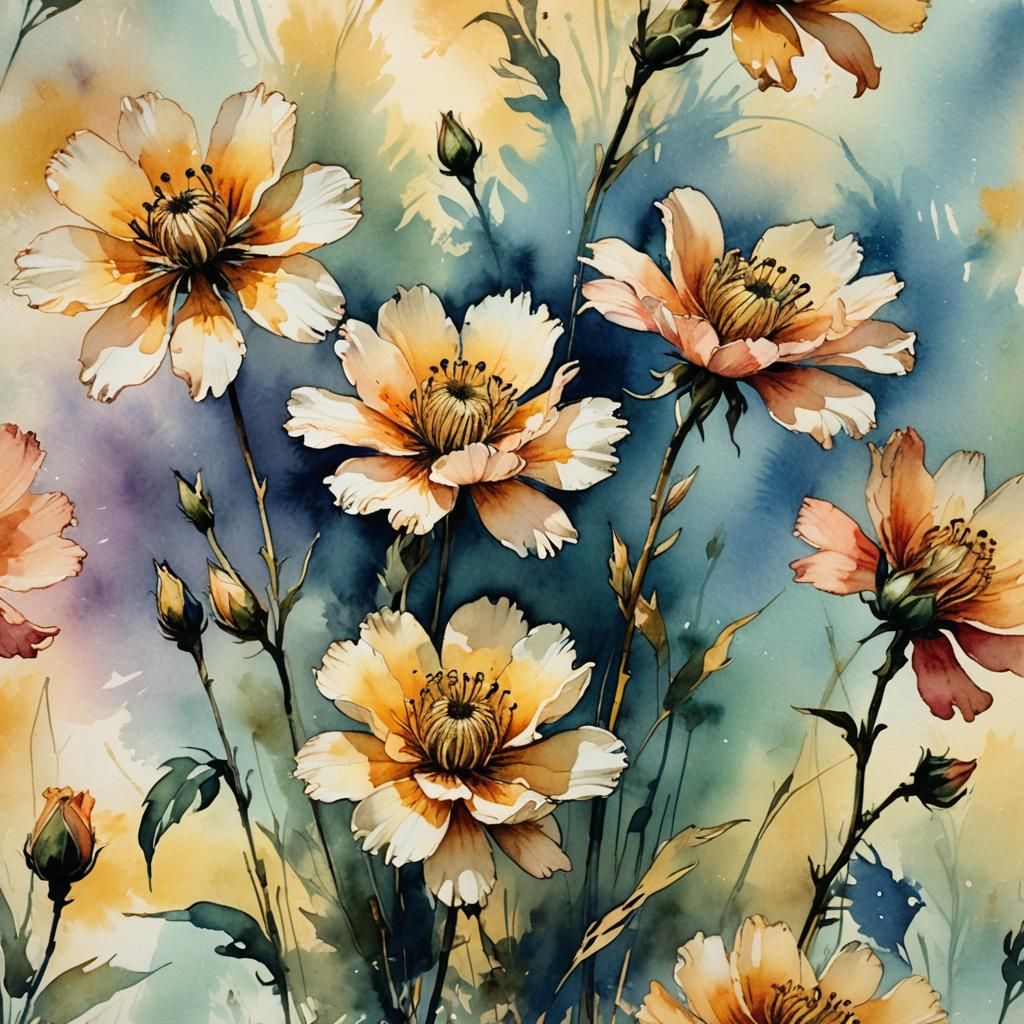 Floral Macro in Post-Impressionist Ink and Watercolor