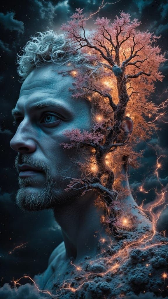 Bioluminescent Fractal Tree Man in Surreal Landscape