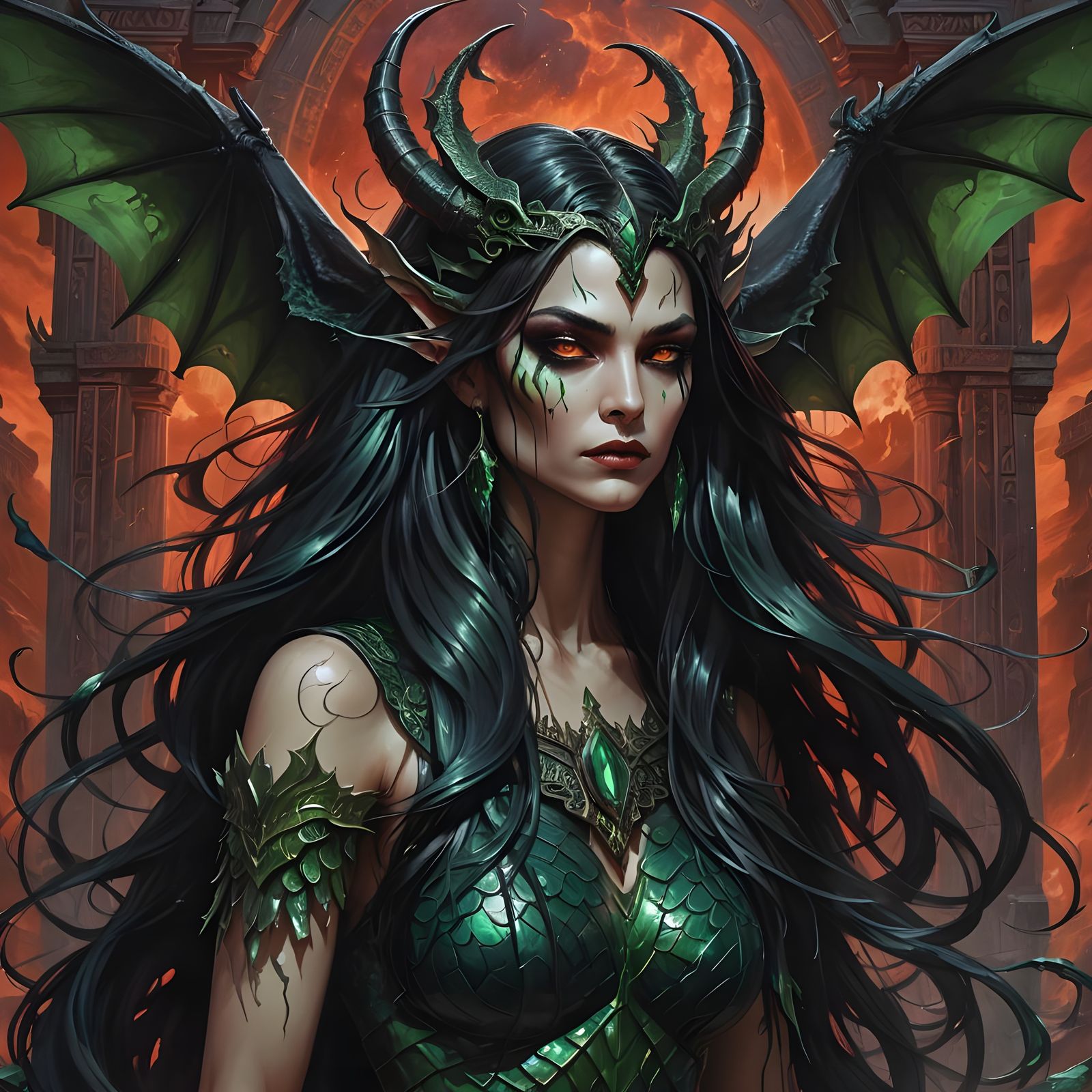 Breathtaking Demon Woman with Emerald Scales