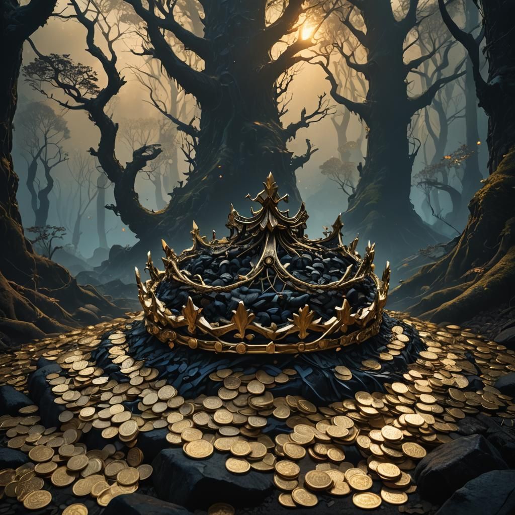 Mystical Crown on Mountain of Coins in Fantasy Art