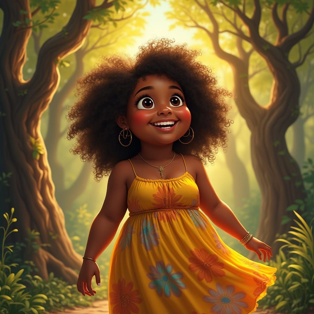 Vibrant Fat Black Girl Stands Among Ancient Trees in Disney-...