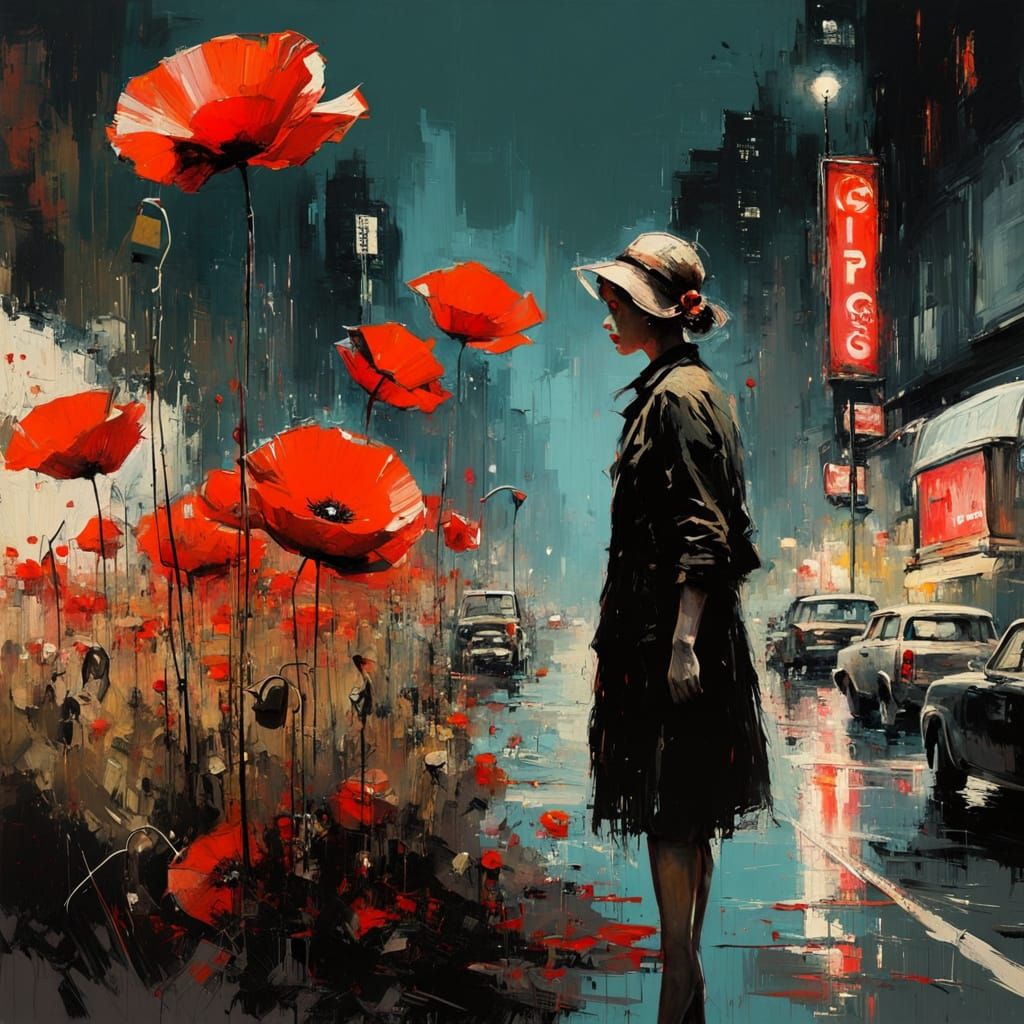 Moody Urban Poppy Blooms in Retro Grunge Style