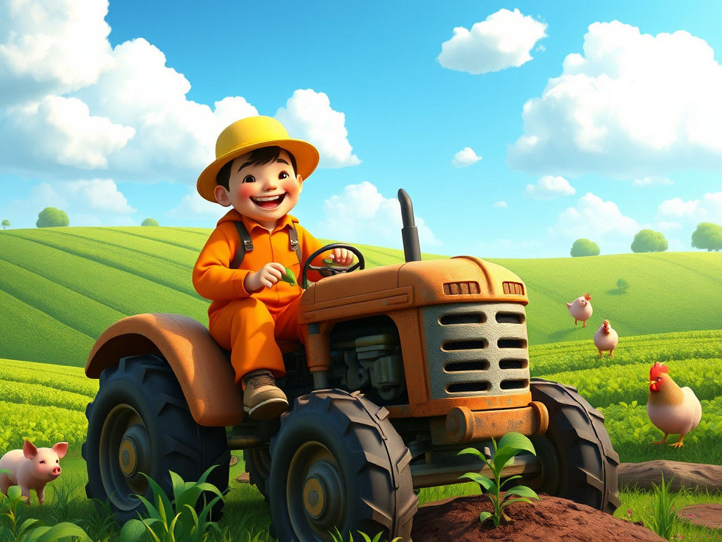 Joyful Farmer Planting Seeds in a Dreamlike Landscape