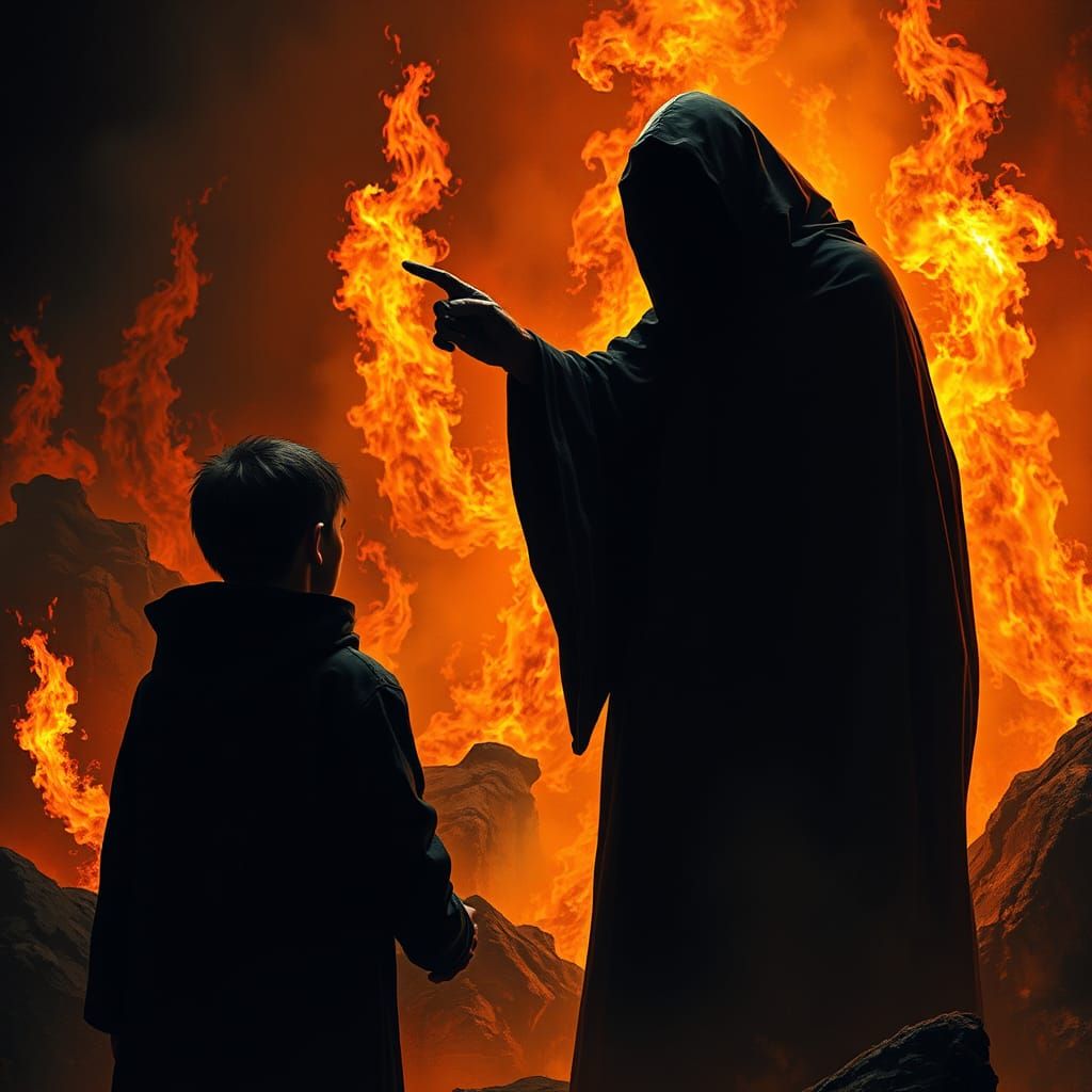 Ominous Hooded Figure in Fiery Inferno