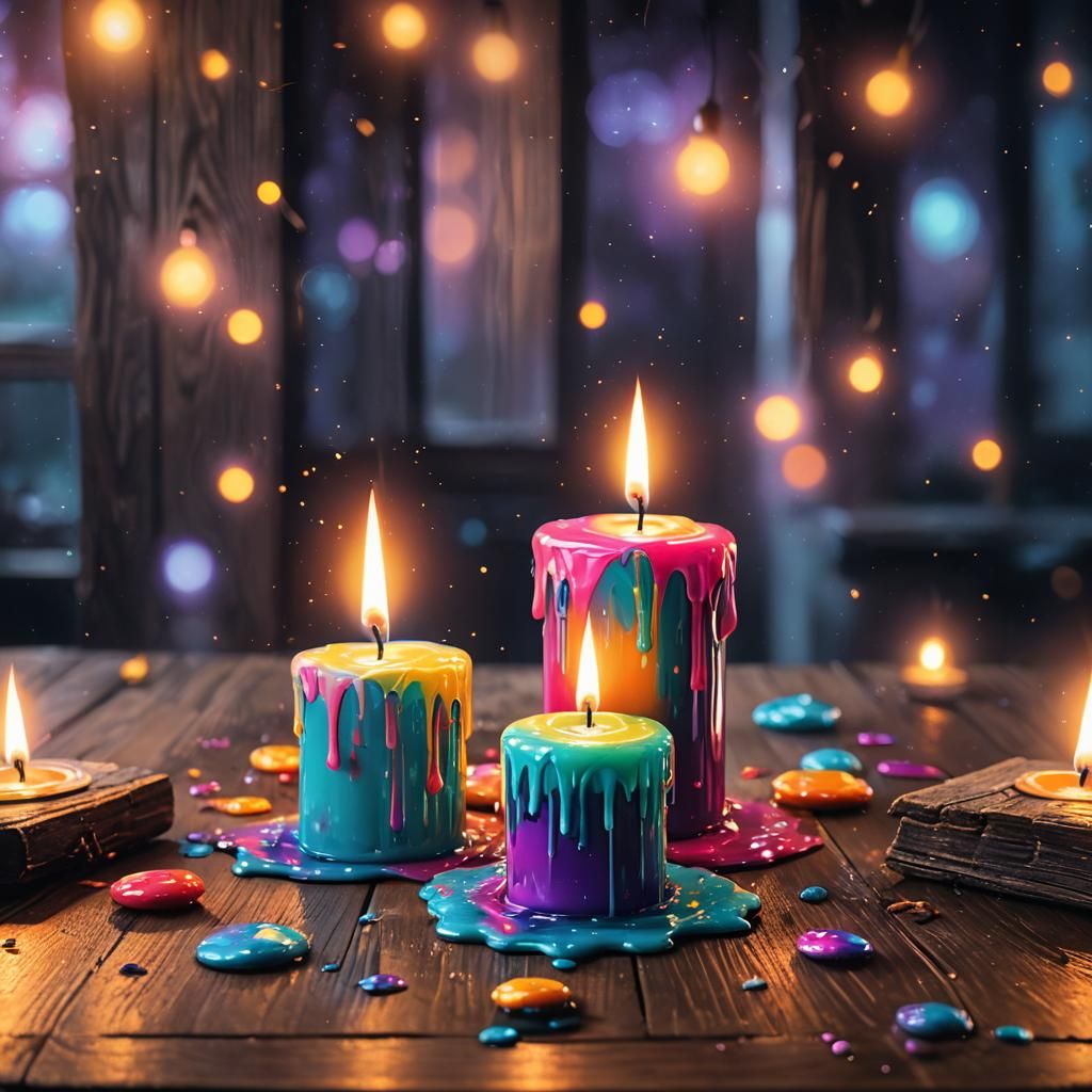 Luminous Candlelight on Wooden Table, Polychromatic Gouache