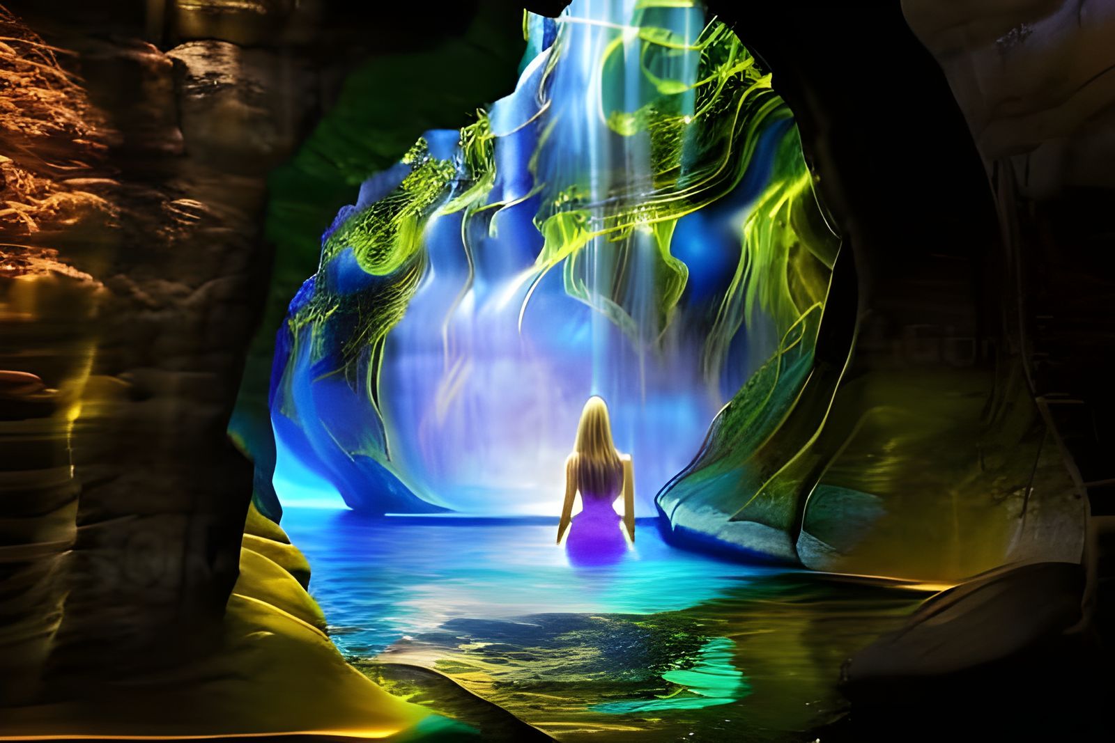A lady in the water, inside a cave.