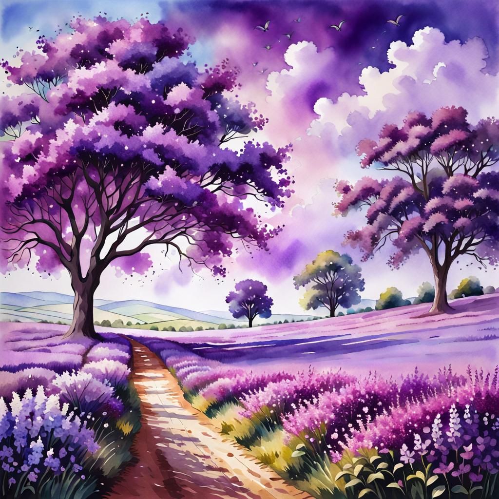 Purple Flower Field in Watercolor Style