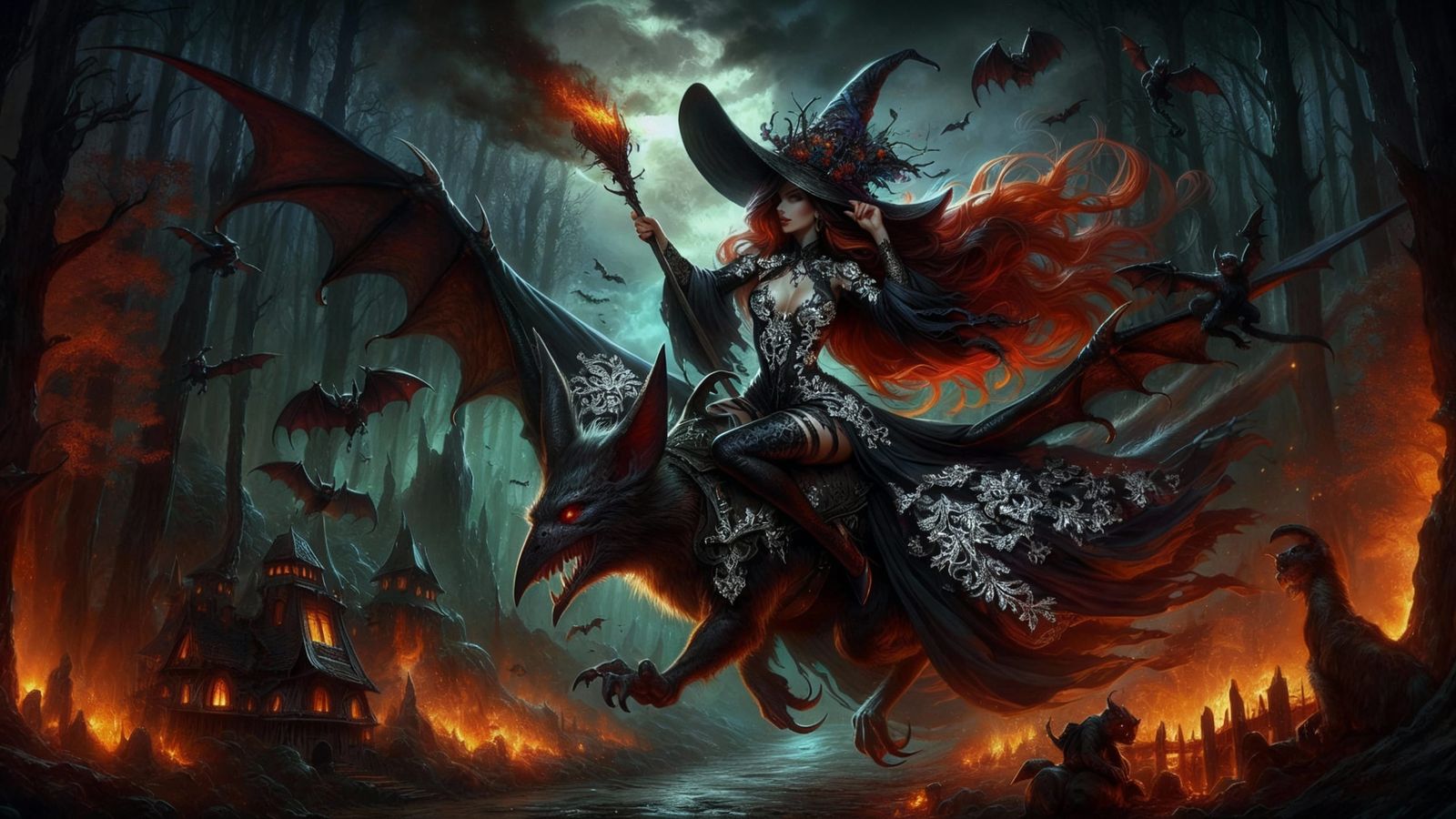 Dark Sorceress Flies Over Burning Village in Fantasy Art
