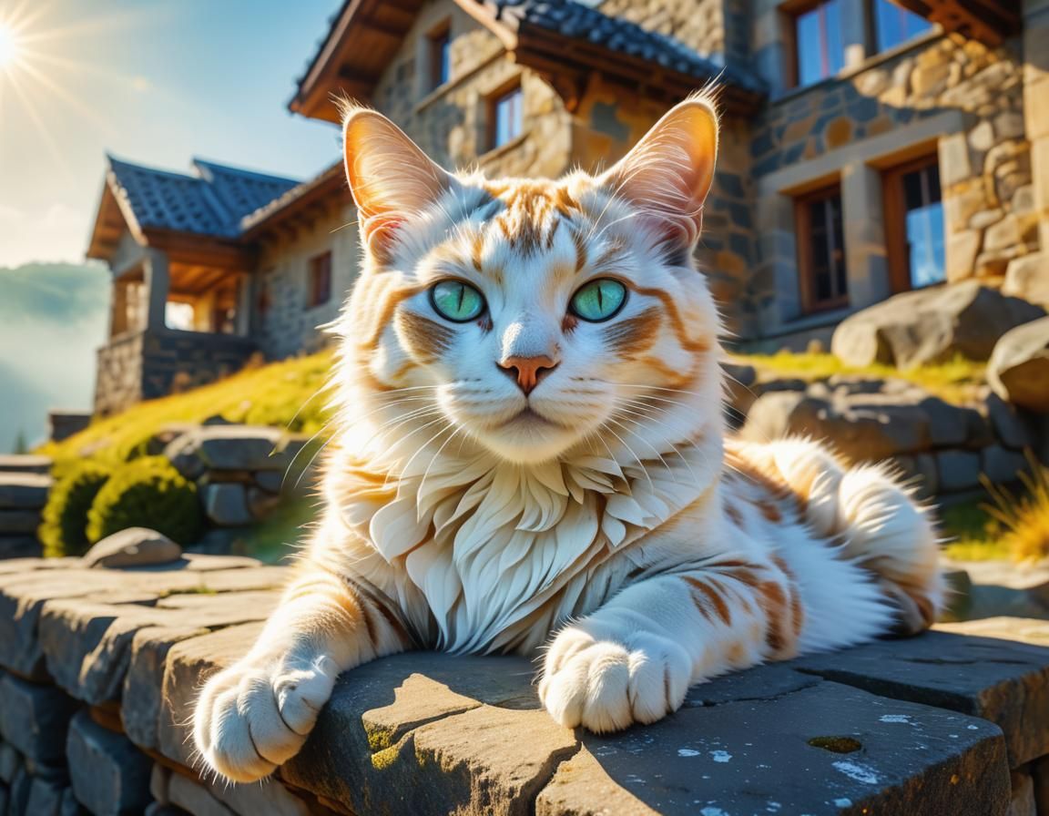 Beautiful Cat with Fractal Eyes Resting in Sunlight