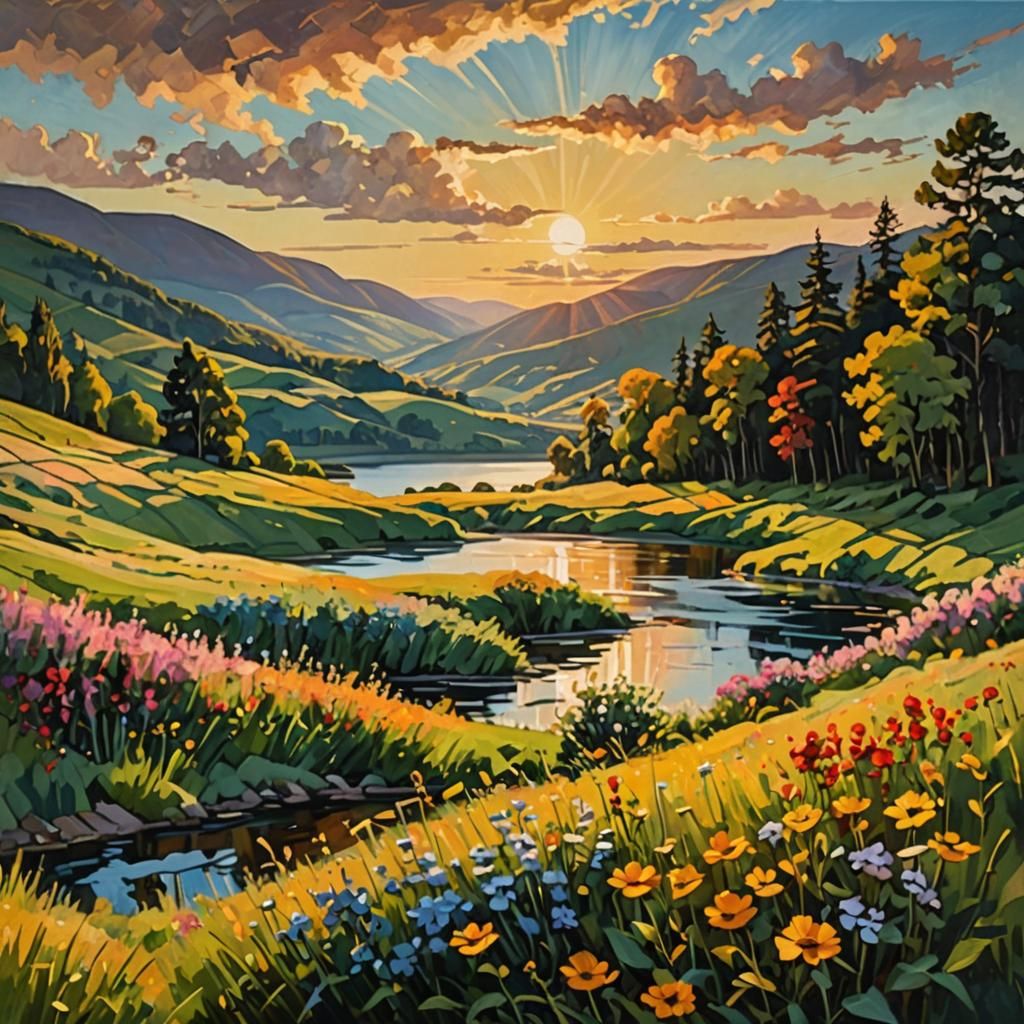 Expressionist Landscape with Golden Hour Lighting