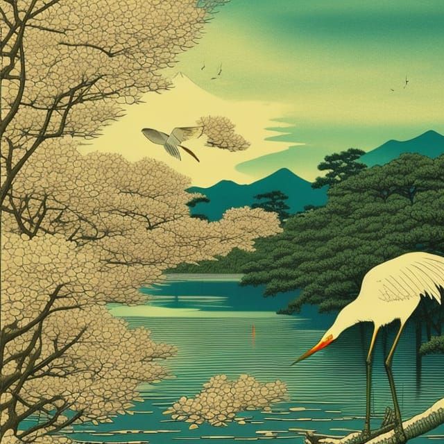 Egrets in Pond: Japanese Surrealism Style