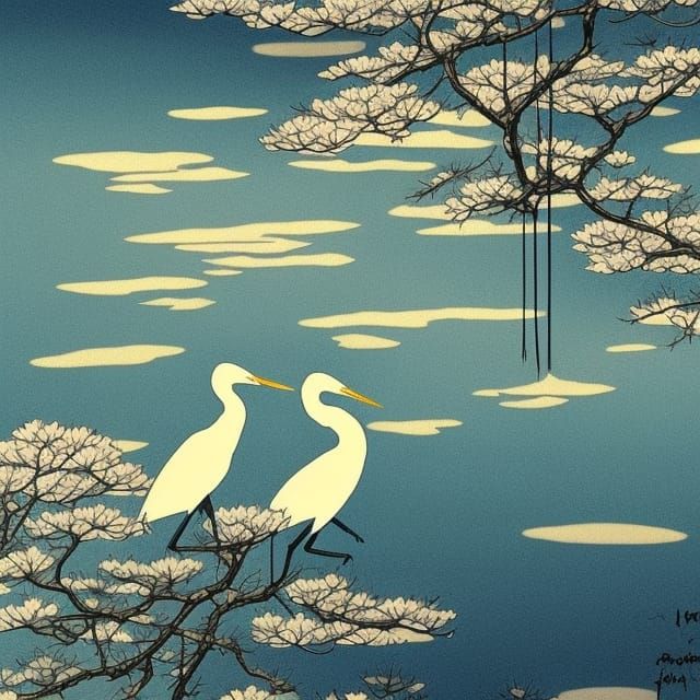 Egrets on Pond: Japanese Ink Drawing in Hasui Style