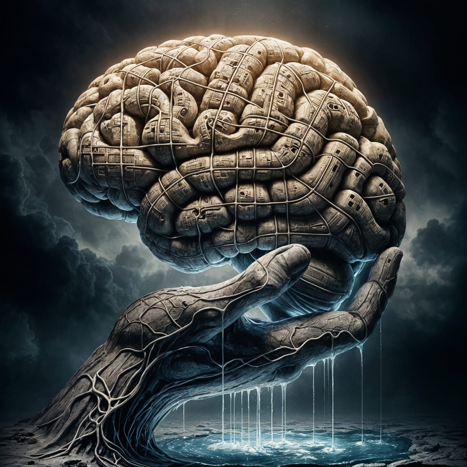 Tessellated Brain Held in Hand: Hyperrealistic Art