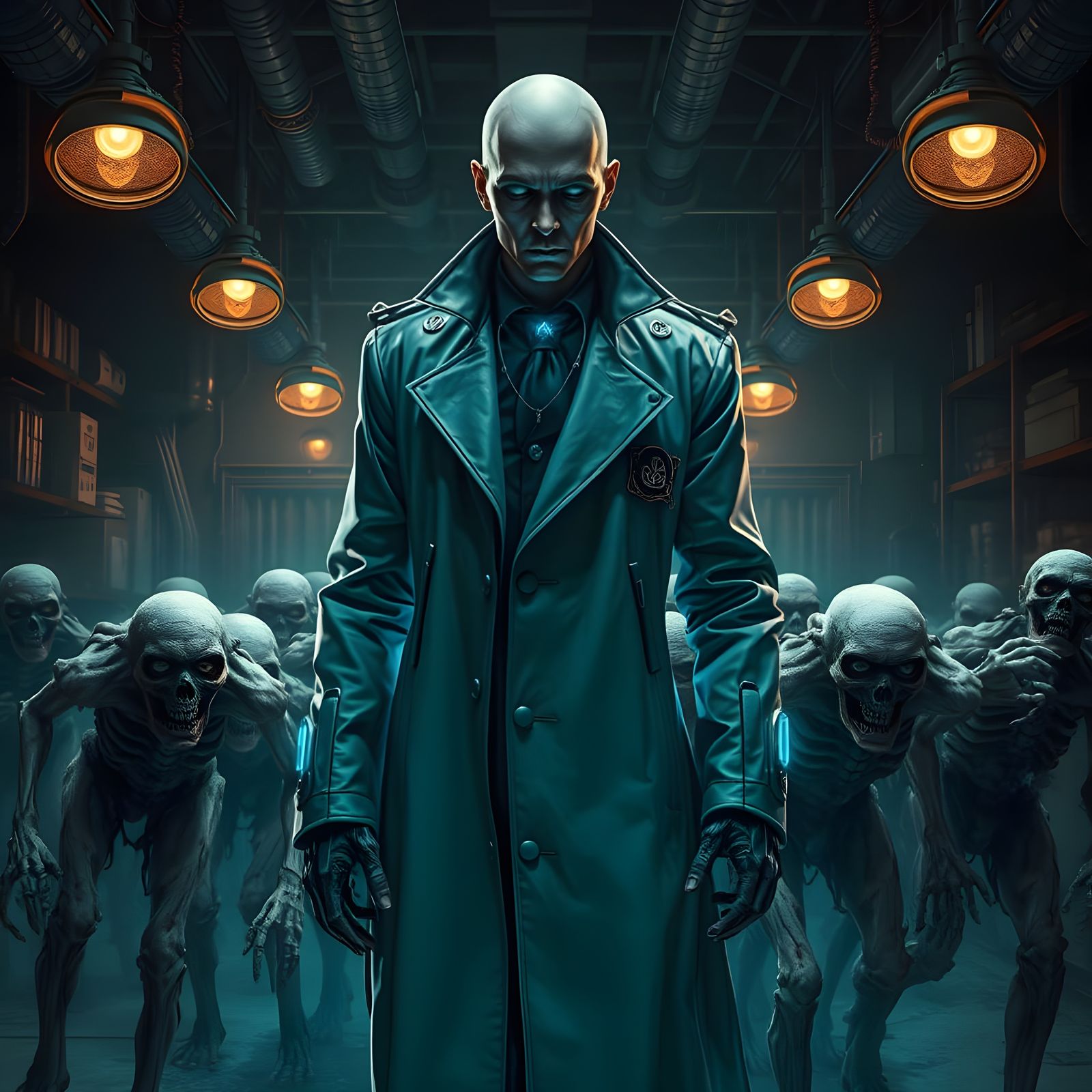 Modern Necromancer Surrounded by Undead Minions in Dark Labo...