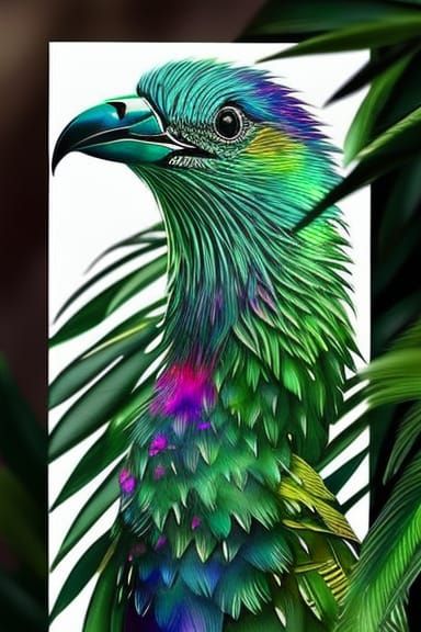 Iridescent Quetzal Portrait in Ink Art Style