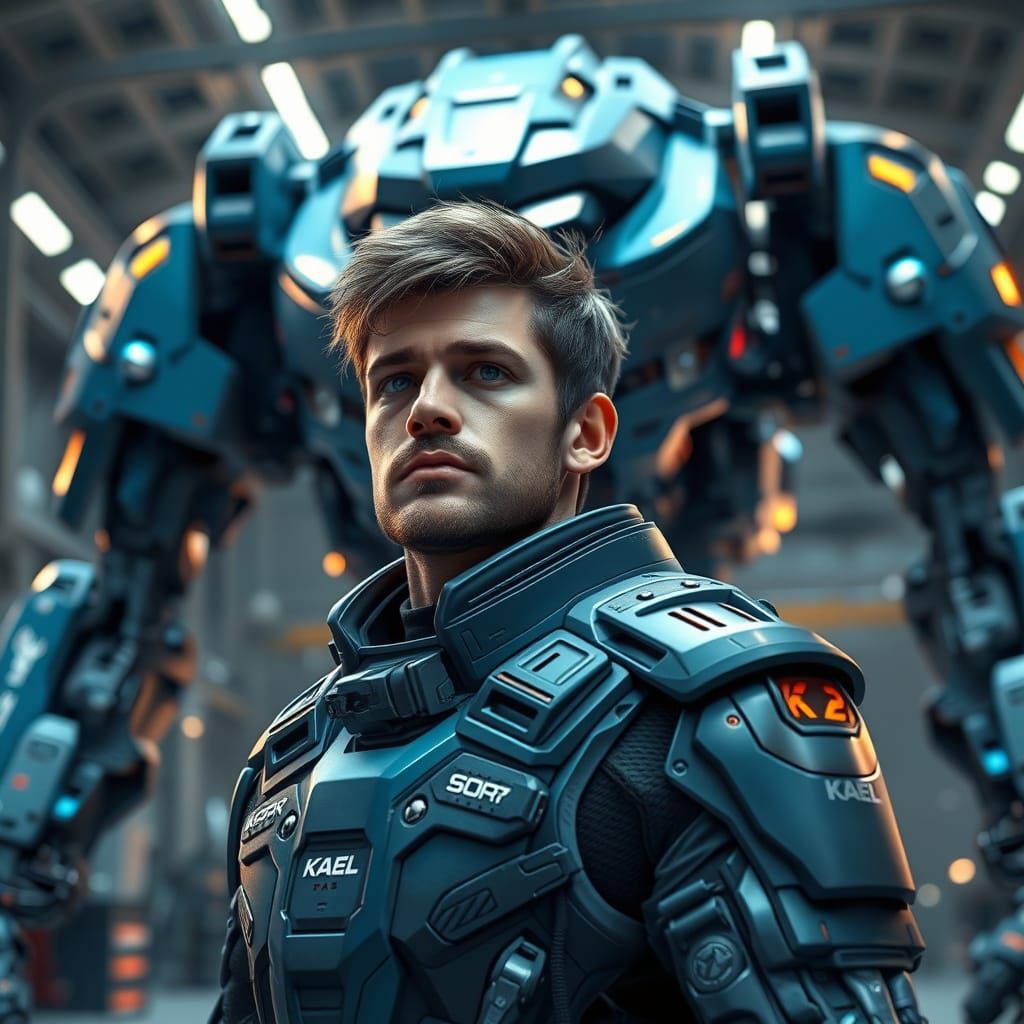 High-Tech Warrior in Futuristic Hangar