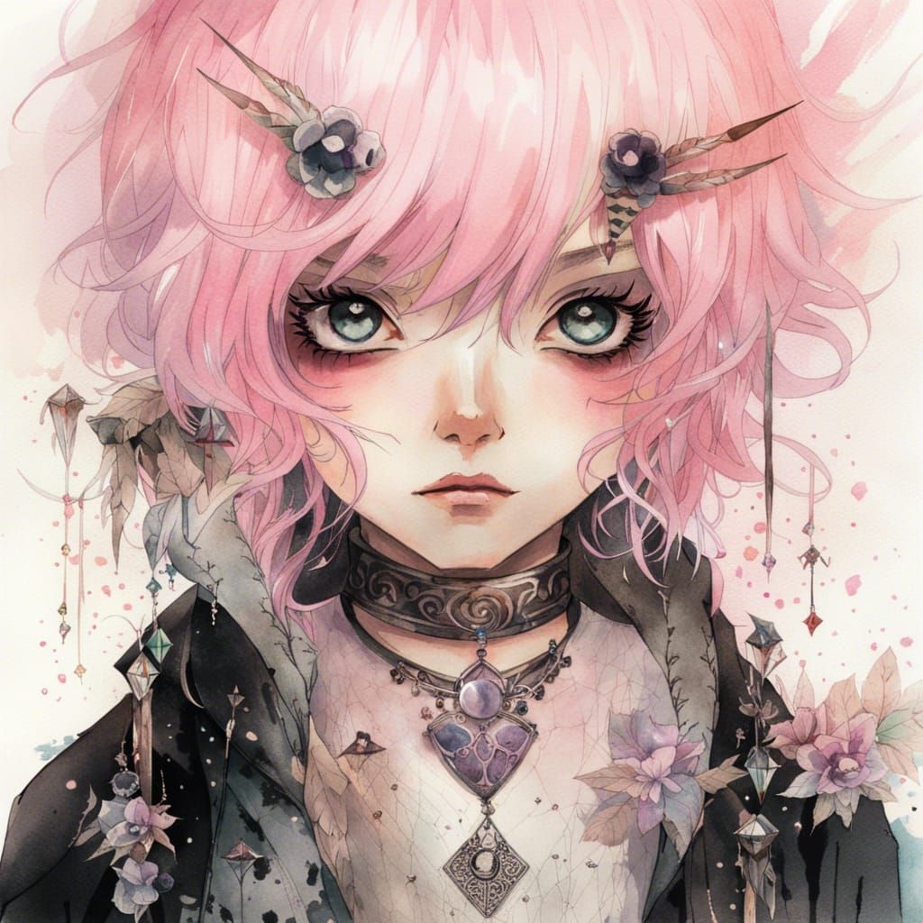 Goth Boy with Pastel Hair, Watercolor Anime Style