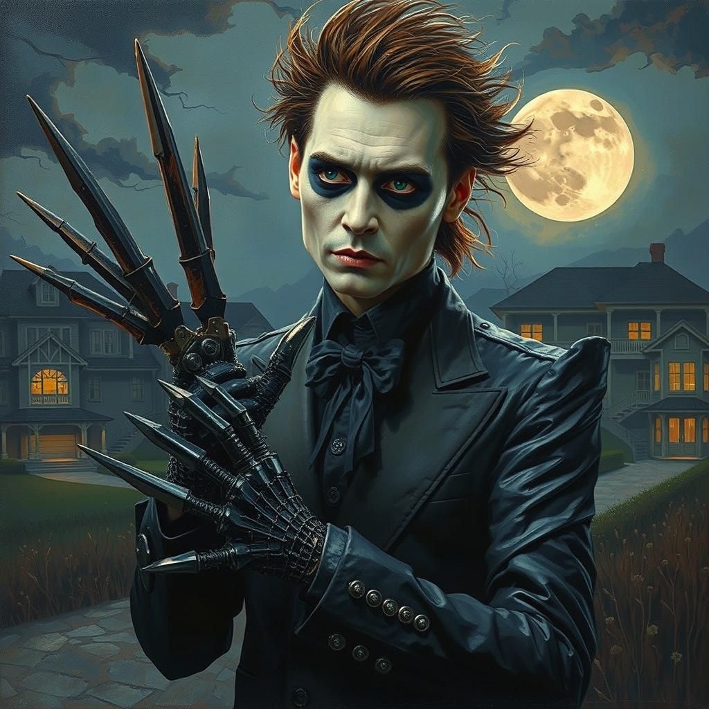 Edward Scissorhands in Gothic Garden, as Oil Painting